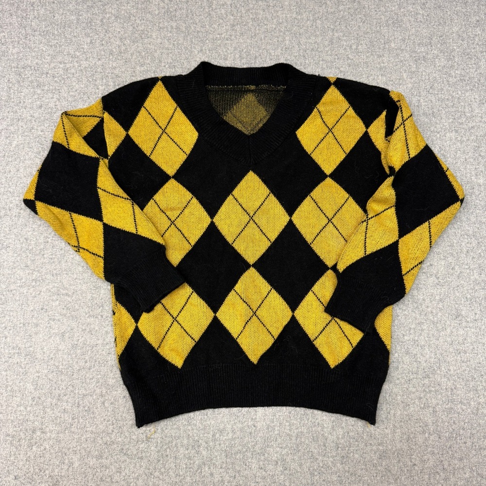 Unbranded Argyle Knit V-Neck Sweater Small Black Yellow Diamond Preppy Pullover